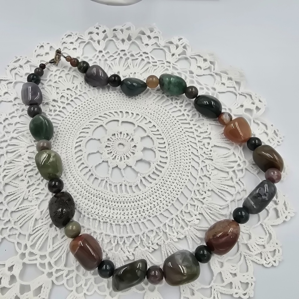 Polished Gemstone Beggars Bead Necklace Chunky Choker 16" - Picture 4 of 6